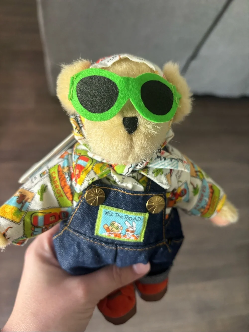 Collectible Muffy Plush Bear Toy with Green Sunglasses and Denim Overalls